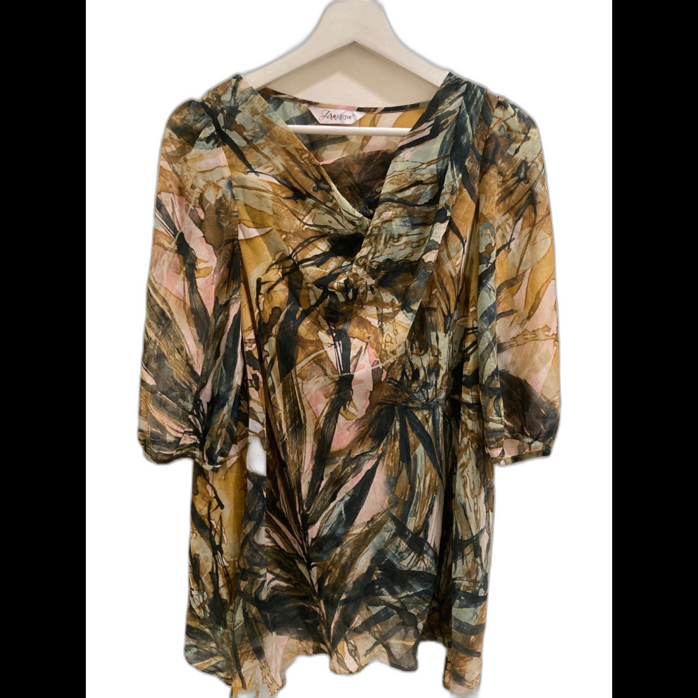 Women’s Vintage Sheer Tunic Blouse Abstract Leaf Print, Chiffon 3/4 Sleeve Top